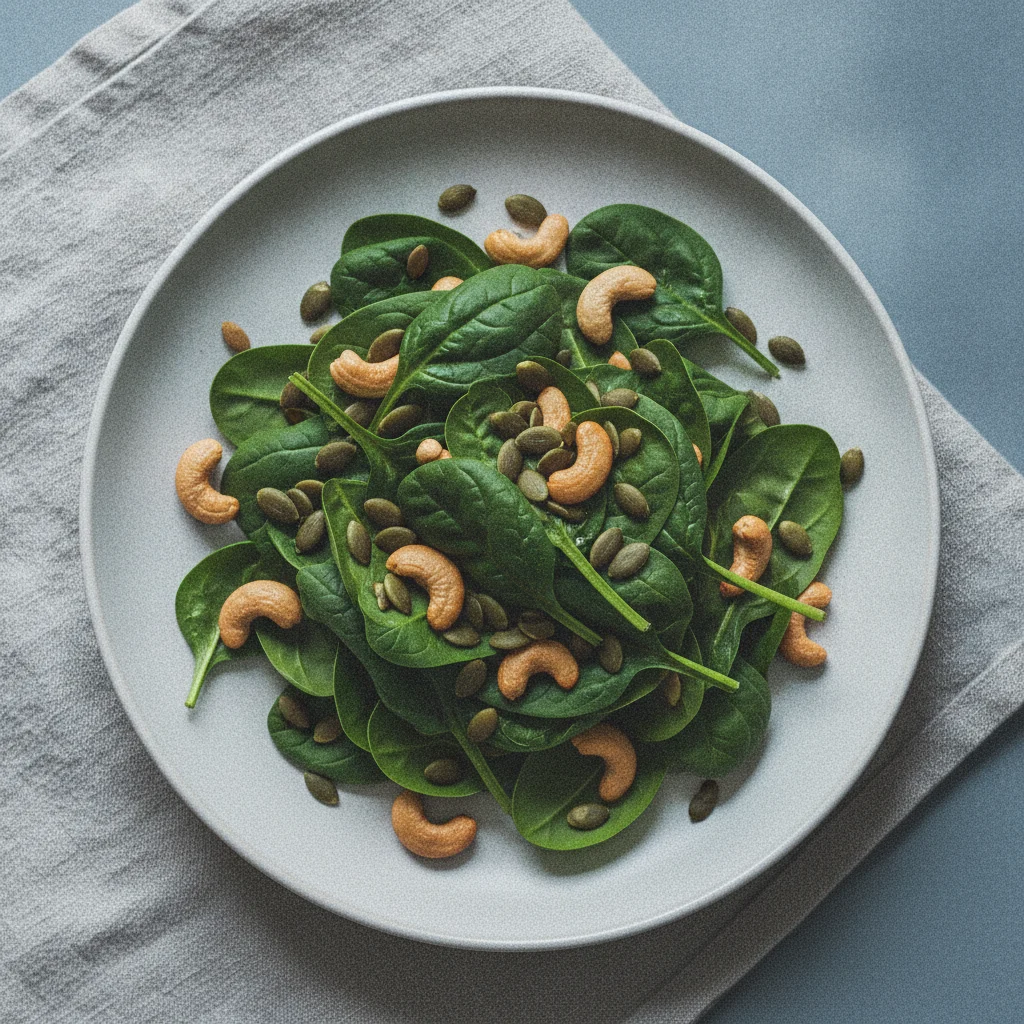 Dark green spinach leaves with cashew nuts and pumpkin seeds on a ceramic plate