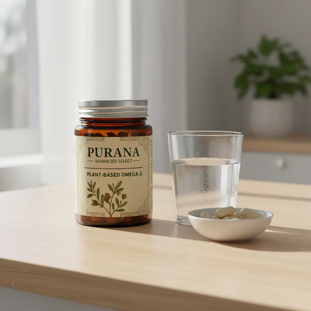 Purana Advanced Select jar with black lid beside a glass of water on a wooden surface
